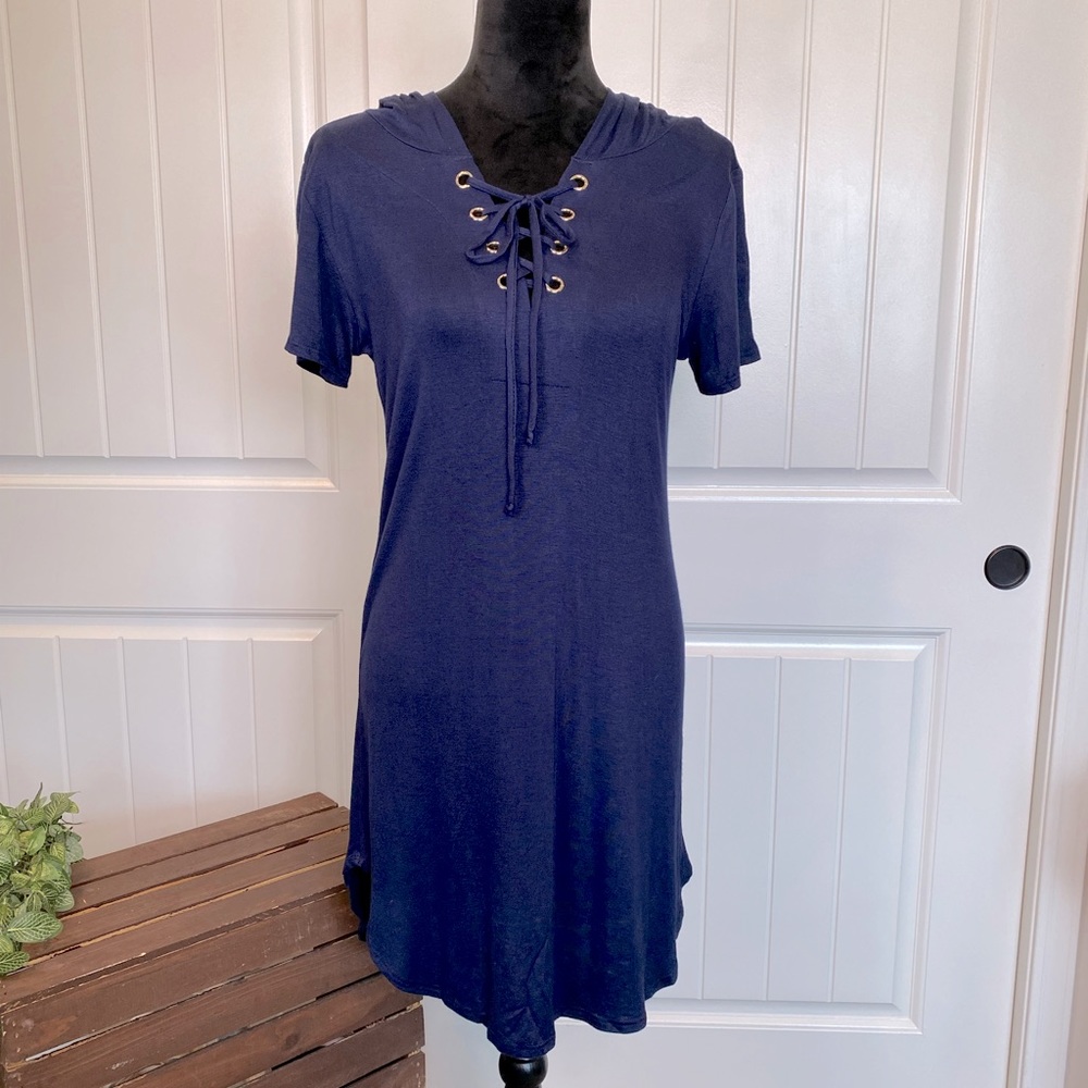 New!  Boho Loco Navy Lace Up Hoody T-Short Dress